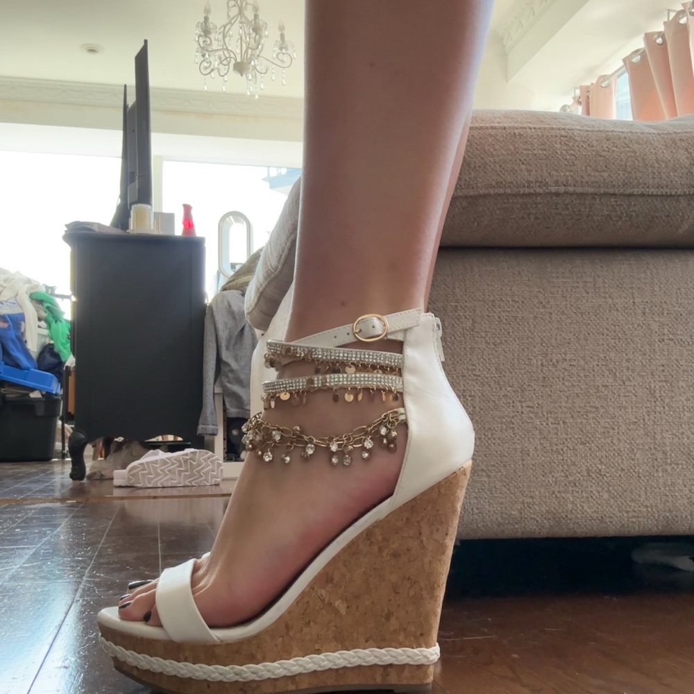 White sandal with cork platform wedge